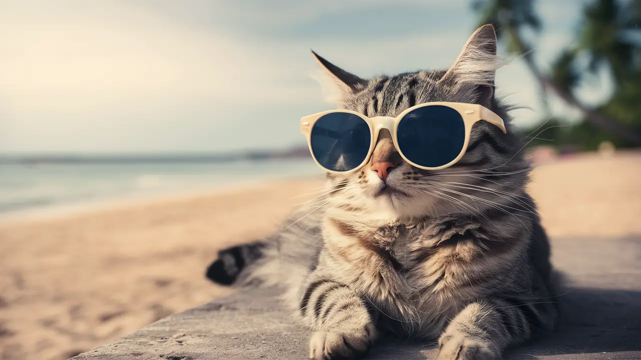 GenImg AI prompt a cat sit near the bech with sun glass, photo.